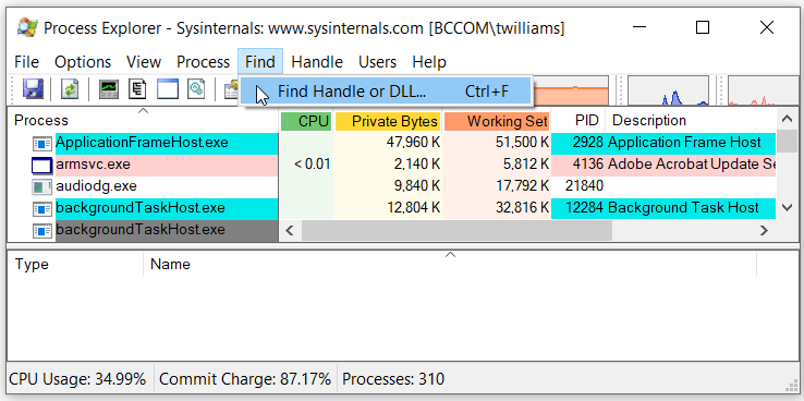 Select Find Handle or DLL in Process Explorer