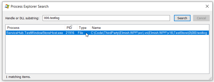 Enter the name and select the correct search result in Process Explorer